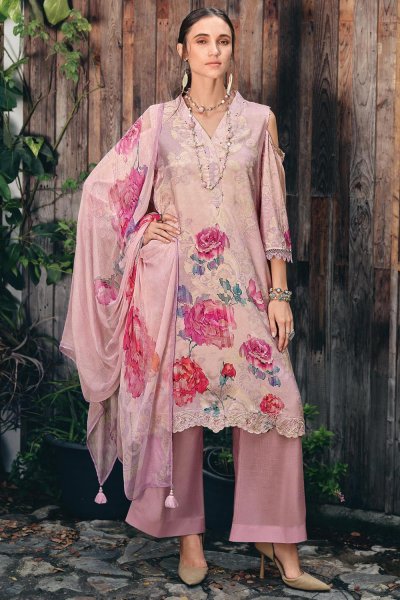 Blush Pink Lawn Cotton Printed & Laced Kurta Set With Chiffon Dupatta