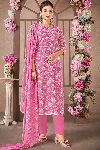 Pink Cotton Printed Kurta Set With Chiffon Dupatta