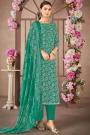 Dark Green Cotton Printed Kurta Set With Chiffon Dupatta