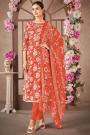 Orange Cotton Printed Kurta Set With Chiffon Dupatta