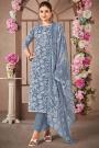 Powder Blue Cotton Printed Kurta Set With Chiffon Dupatta