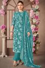 Teal Cotton Printed Kurta Set With Chiffon Dupatta