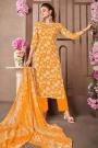 Mustard Cotton Printed Kurta Set With Chiffon Dupatta