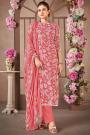 Coral Cotton Printed Kurta Set With Chiffon Dupatta