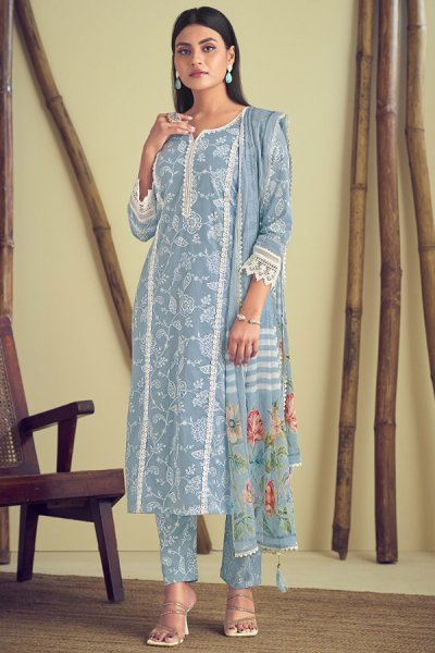 Soft Blue Cotton Printed Kurta Set With Chiffon Dupatta