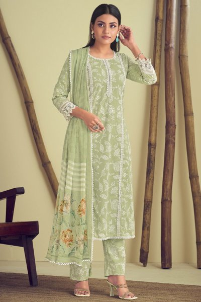 Sage Green Cotton Printed Kurta Set With Chiffon Dupatta