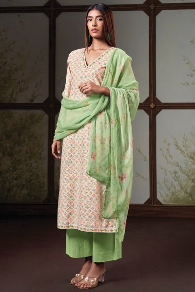 Light Green Cotton Printed Kurta Set With Chiffon Dupatta