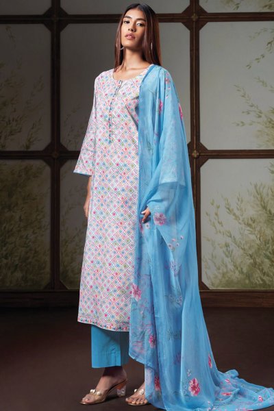 Blue Cotton Printed Kurta Set With Chiffon Dupatta