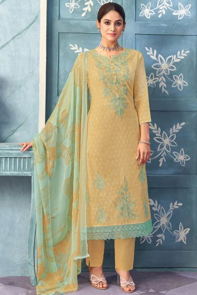 Mustard Cotton Printed & Embroidered Kurta Set With Chiffon Dupatta