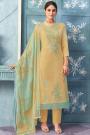 Mustard Cotton Printed & Embroidered Kurta Set With Chiffon Dupatta