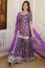 Purple  Silk Jacquard Embroidered Sharara Suit Set