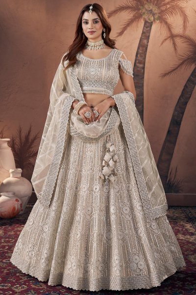 Ivory Net Hand Embroidered Lehenga Set