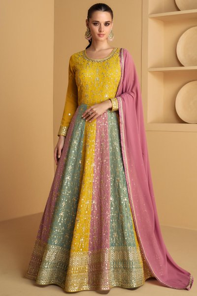 Yellow & Multicolor Georgette Embroidered Anarkali Dress With Dupatta