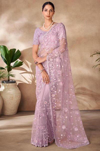 Lavender Net Embroidered Saree