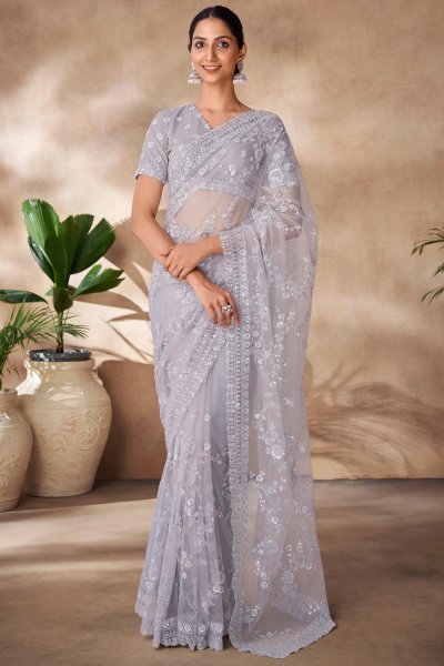 Silver Grey Net Embroidered Saree