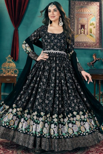 Black Georgette Embroidered Anarkali Dress With Dupatta & Belt