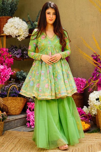 Light Green Organza Silk Printed & Embroidered Sharara Kurta Set With Dupatta