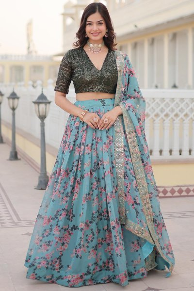 Sky Blue Silk Printed & Embroidered Lehenga Set