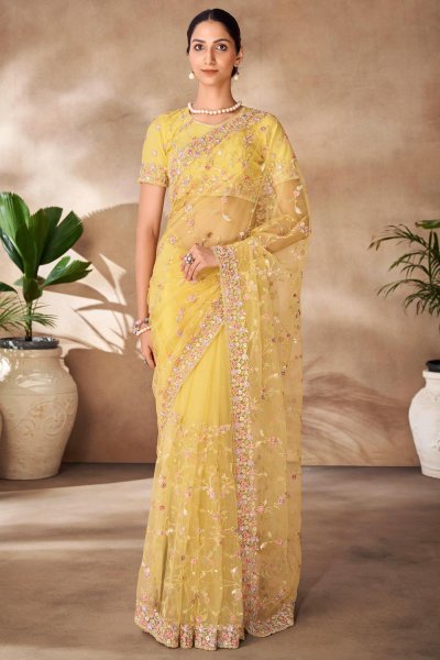 Yellow Net Embroidered Saree