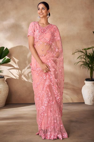 Coral Net Embroidered Saree