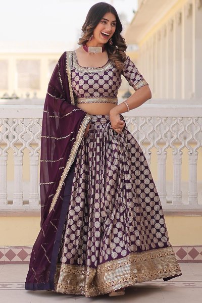 Plum Silk Jacquard & Embroidered Lehenga Set