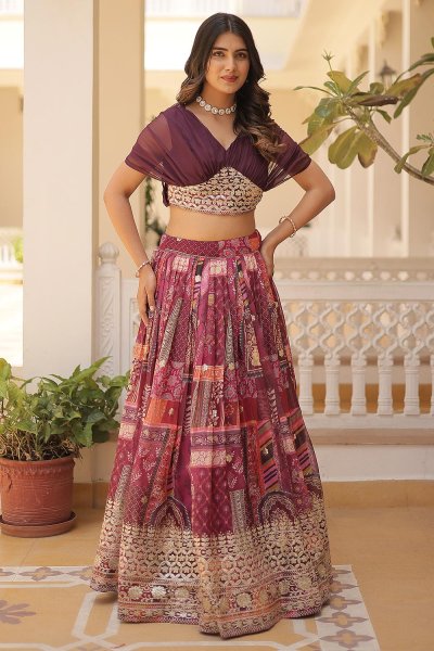 Wine  Indowestern Printed & Embroidered Organza Silk Top & Skirt Set