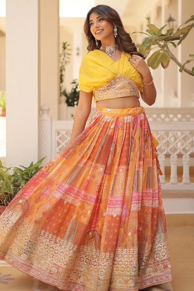 Yellow  Indowestern Printed & Embroidered Organza Silk Top & Skirt Set