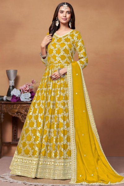 Yellow Jacquard Silk Embroidered Anarkali Suit