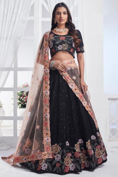 Black Net Embroidered Lehenga Set