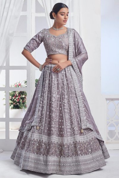 Pastel Lilac grey Chiffon Embroidered Lehenga Set