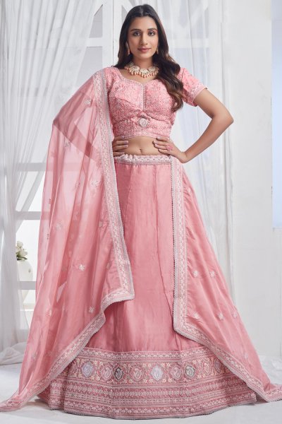 Blush Pink Organza Silk Embroidered Lehenga Set