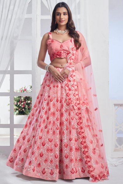 Peach Net Embroidered Lehenga Set