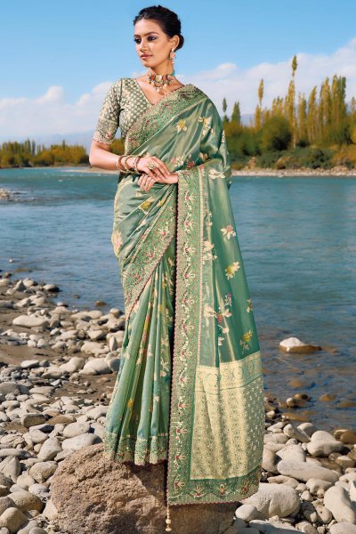 Aqua Green Zari Weaved & Embroidered Banarasi Silk Saree