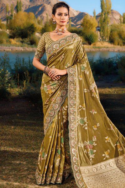 Olive Green Zari Weaved & Embroidered Banarasi Silk Saree