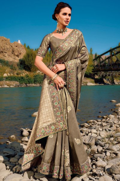 Taupe Zari Weaved & Embroidered Banarasi Silk Saree