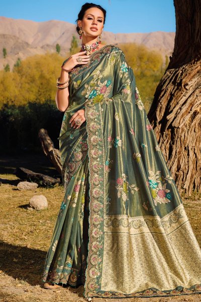 Fern Green Zari Weaved & Embroidered Banarasi Silk Saree