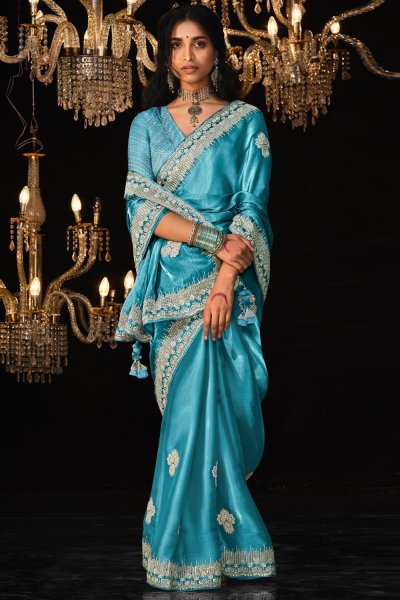 Turquoise Embroidered Glass Tissue Silk Saree