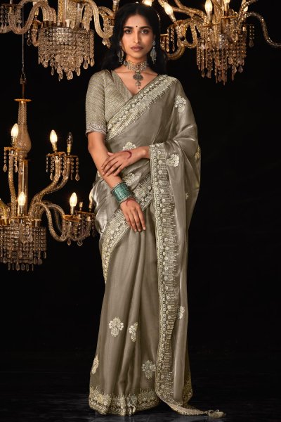 Olive Grey Embroidered Glass Tissue Silk Saree