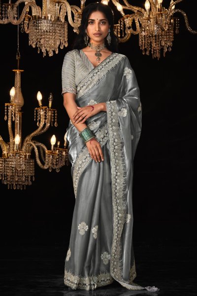 Grey Embroidered Glass Tissue Silk Saree