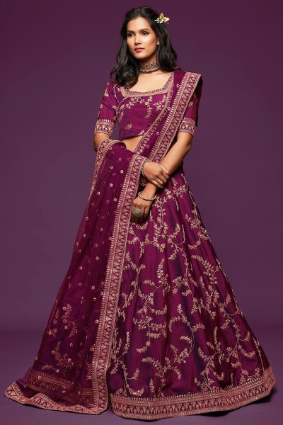 Plum Art Silk Zari Embroidered Lehenga