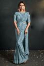 Pre-draped Soft Blue Silk Crepe Georgette Embroidered Saree With Belt