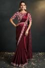 Pre-draped Maroon Satin Silk Crepe Embroidered Saree With Belt