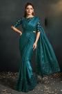 Pre-draped Teal Satin Silk Crepe Embroidered Saree With Belt