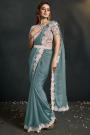 Pre-draped Aqua Blue Organza Silk Crepe Embroidered Saree With Belt