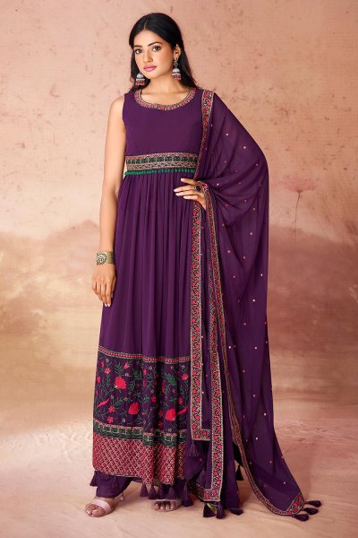 Plum Purple Georgette Embroidered Anarkali Suit