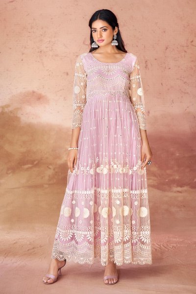 Light Pink Net Embroidered Anarkali Dress With Net Dupatta