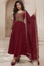 Maroon Chinon Silk Embroidered Anarkali Suit With Bottom & Dupatta