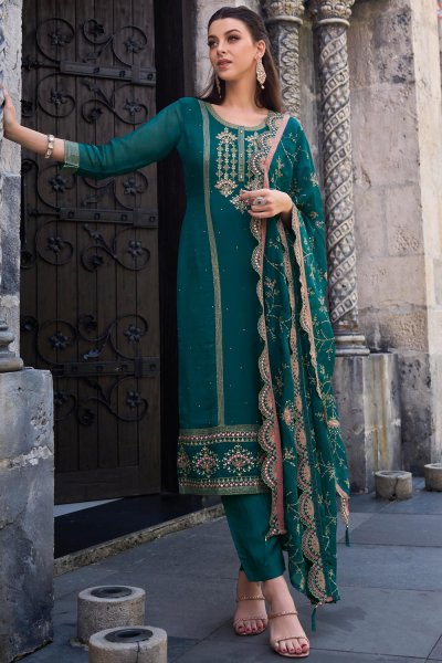 Teal Organza Silk Embroidered Kurta Set