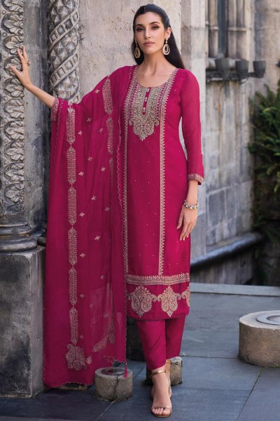 Magenta Pink Organza Silk Embroidered Kurta Set