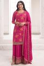 Magenta Pink Chinon Silk Printed & Embroidered Sharara Kurta Set